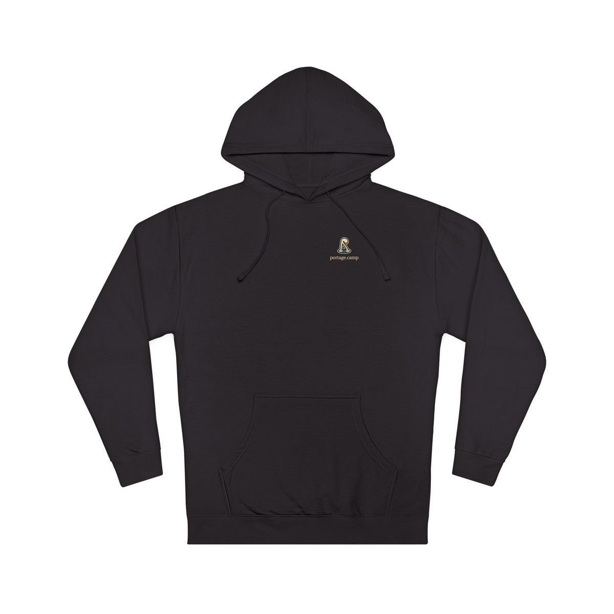 Small Hours Midweight Hoodie in Black, front view with the Small Hours logo and portage.camp on the chest. Digital product mockup.