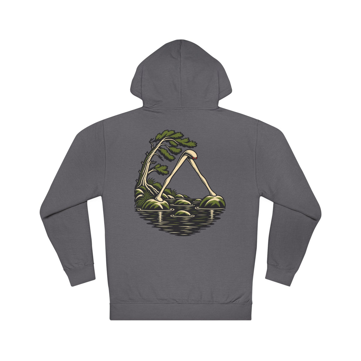 Small Hours Midweight Hoodie in Charcoal, back view with the large illustrated print. Digital product mockup.