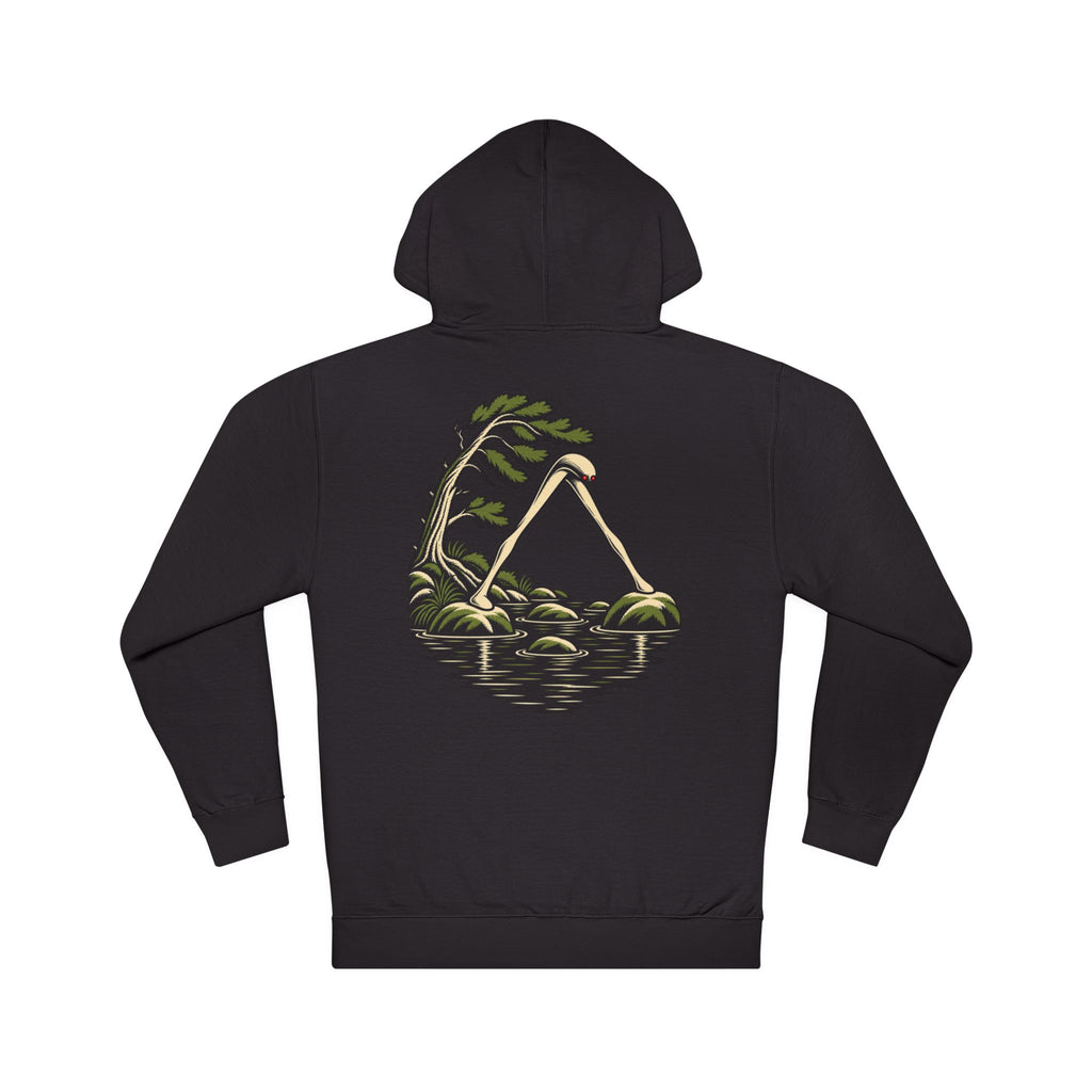 Small Hours Midweight Hoodie in Black, back view with the large illustrated print. Digital product mockup.