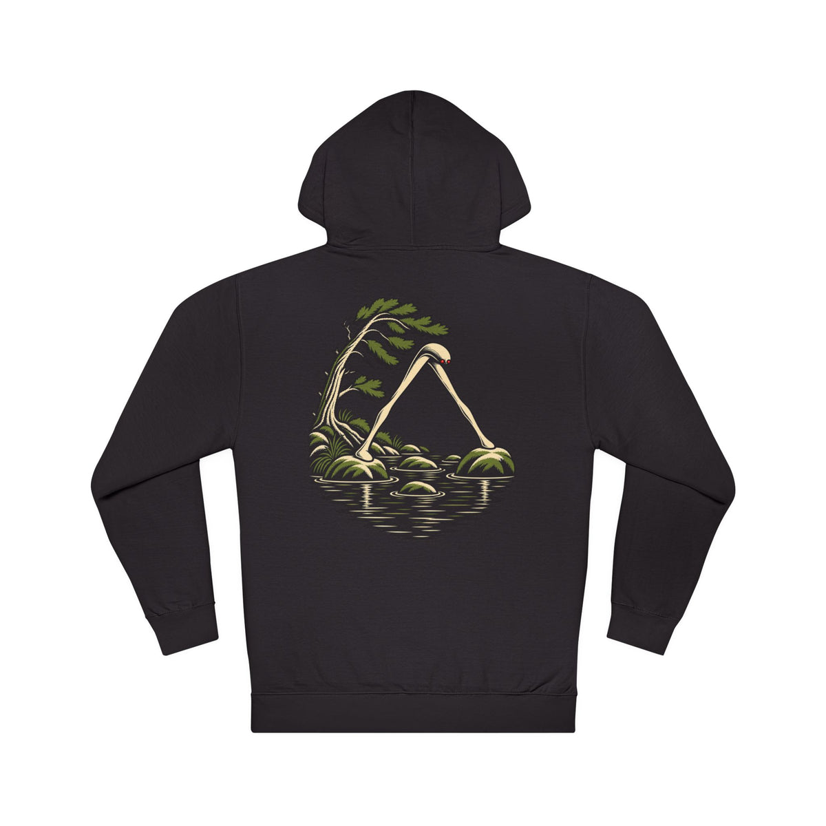 Small Hours Midweight Hoodie in Black, back view with the large illustrated print. Digital product mockup.