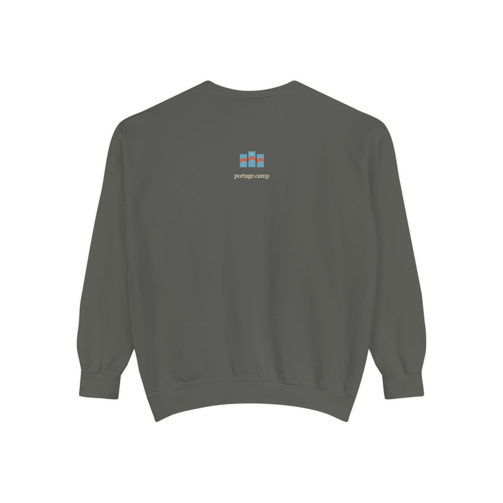 Stay for the Sky Garment-Dyed Crewneck (Front Print) in Pepper, back view with the portage.camp emblem at the upper back. Digital product mockup.
