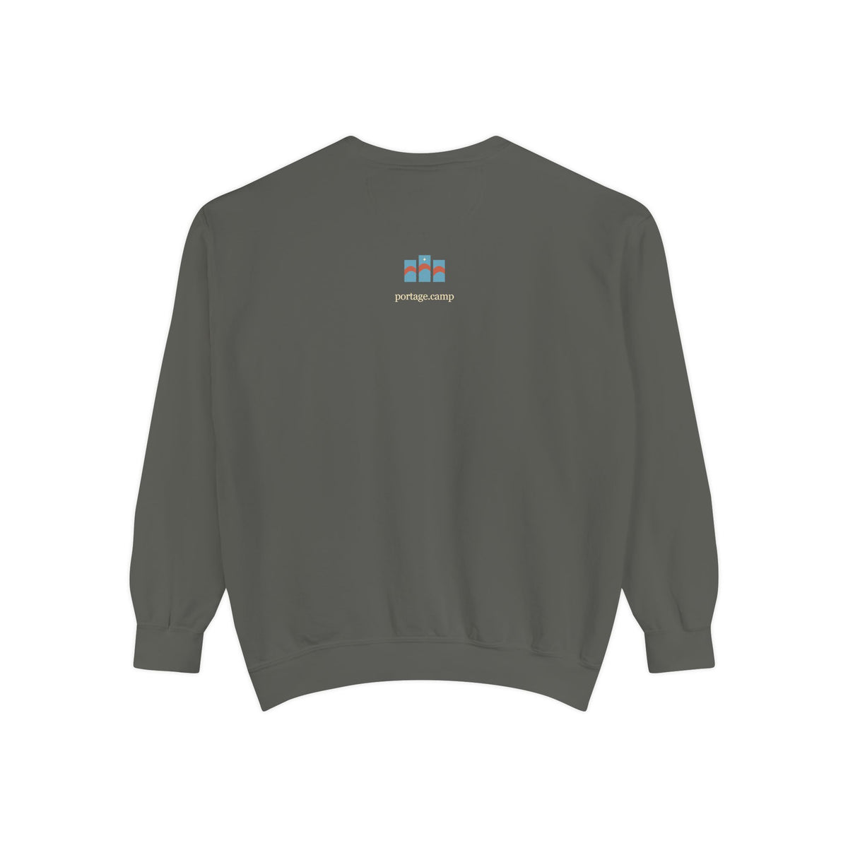 Stay for the Sky Garment-Dyed Crewneck (Front Print) in Pepper, back view with the portage.camp emblem at the upper back. Digital product mockup.
