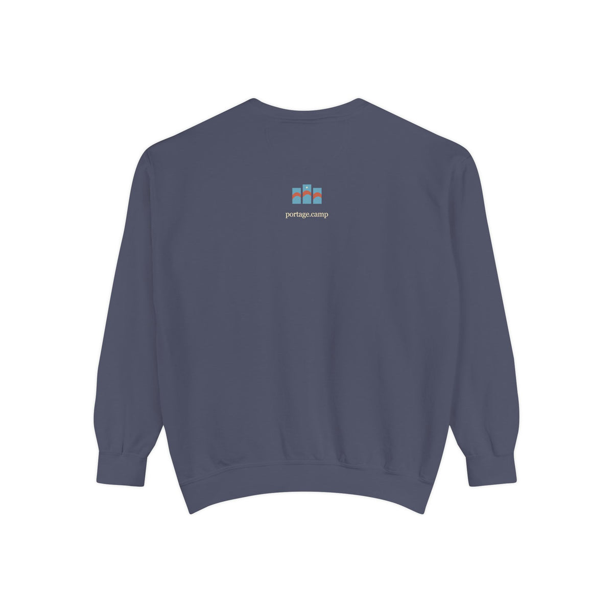 Stay for the Sky Garment-Dyed Crewneck (Front Print) in Denim, back view with the portage.camp emblem at the upper back. Digital product mockup.