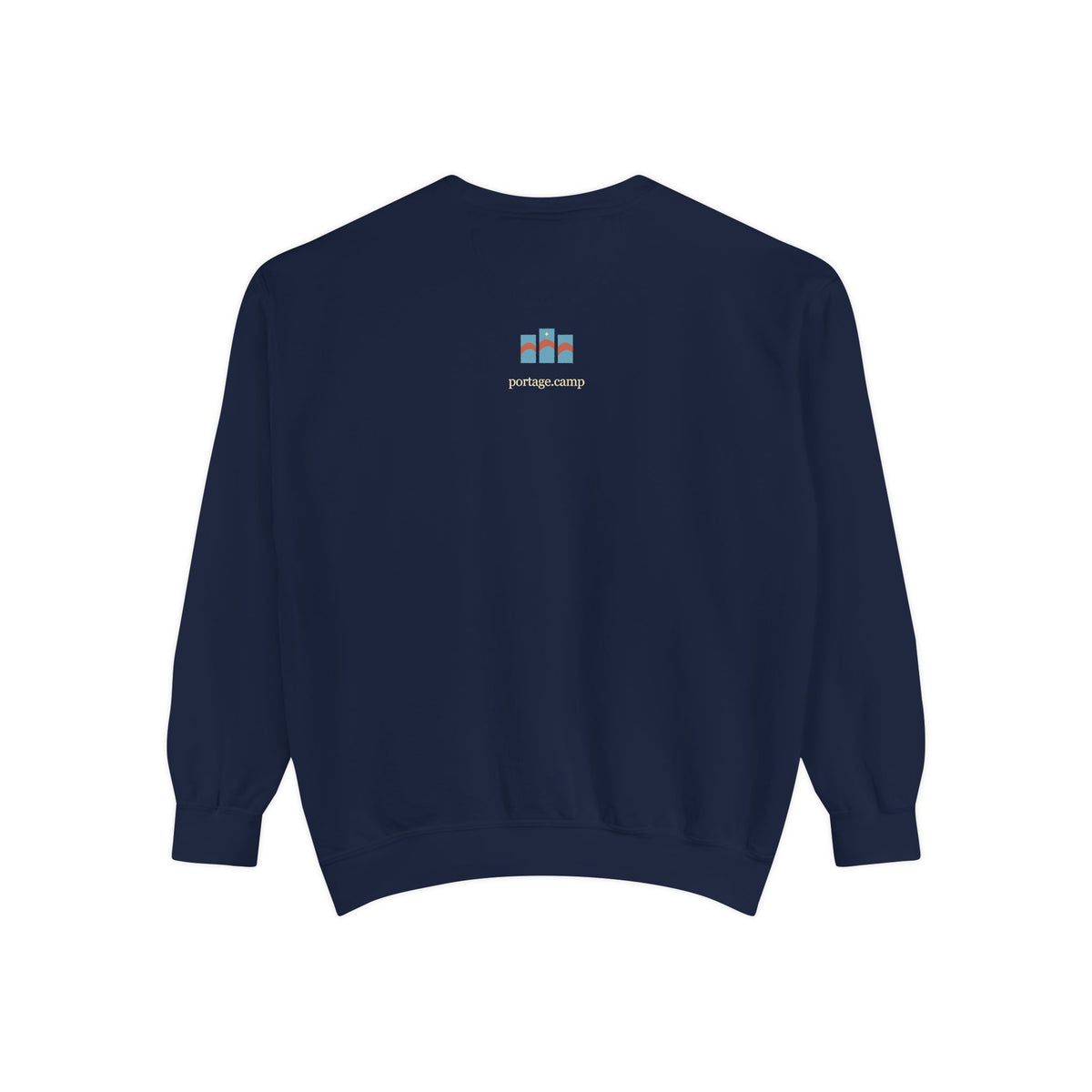 Stay for the Sky Garment-Dyed Crewneck (Front Print) in True Navy, back view with the portage.camp emblem at the upper back. Digital product mockup.
