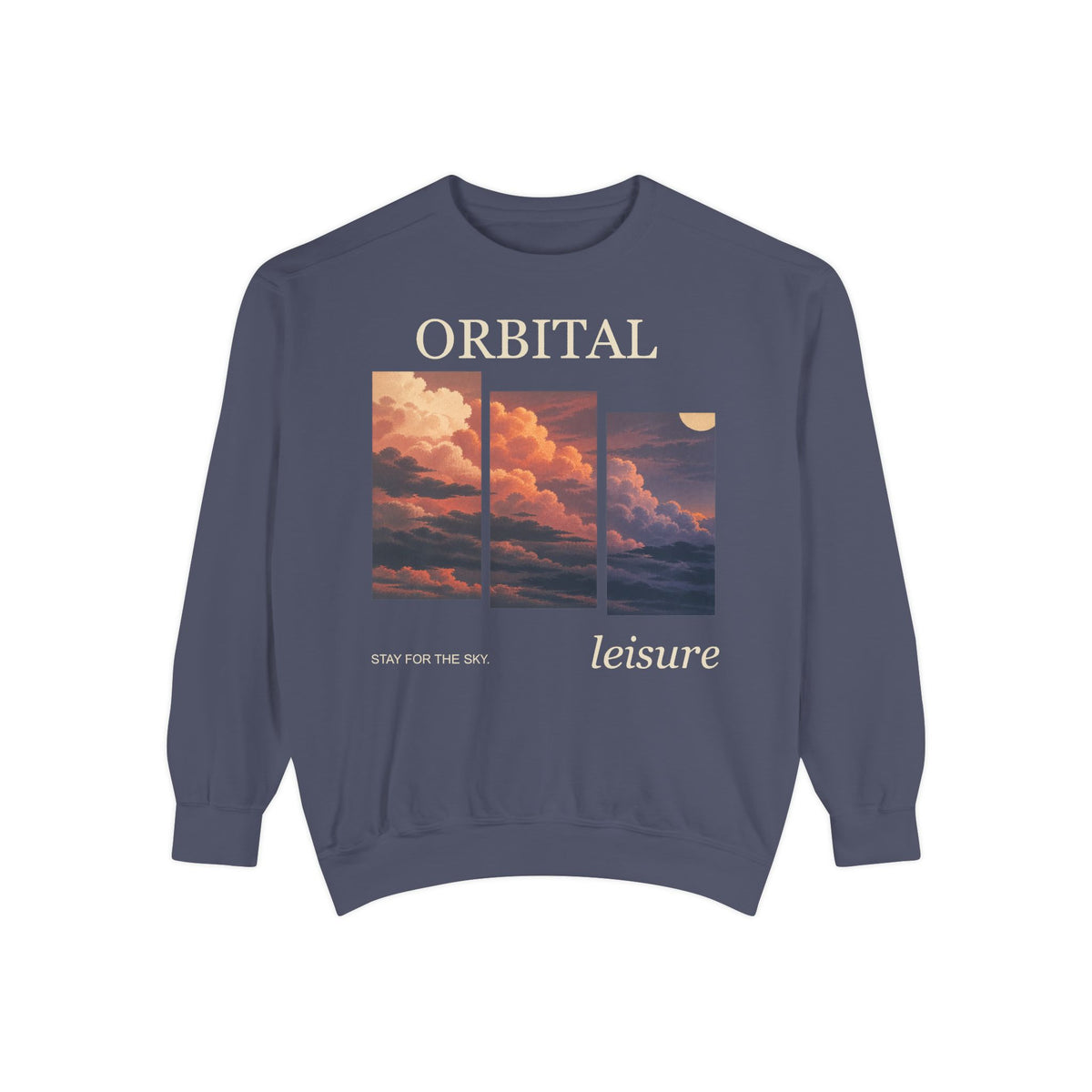 Stay for the Sky Garment-Dyed Crewneck (Front Print) in Denim, front view with the large illustrated print. Digital product mockup.