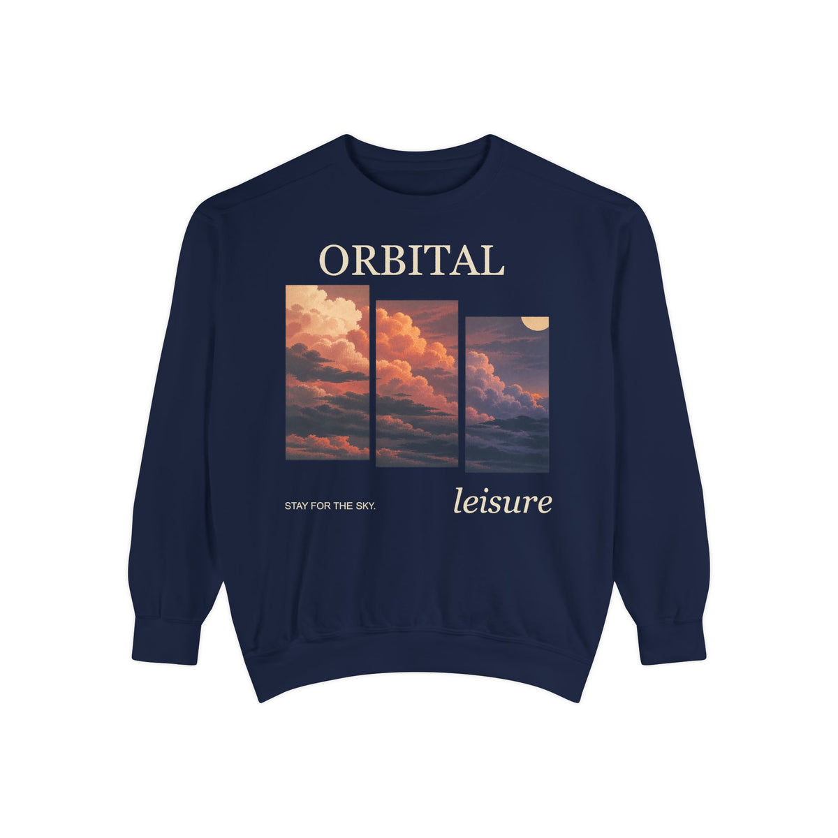 Stay for the Sky Garment-Dyed Crewneck (Front Print) in True Navy, front view with the large illustrated print. Digital product mockup.