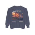 Stay for the Sky Garment-Dyed Crewneck in Denim, back view with the large illustrated print. Digital product mockup.