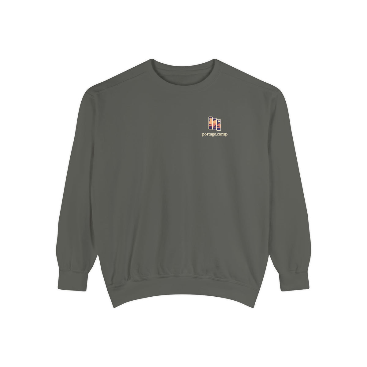Stay for the Sky Garment-Dyed Crewneck in Pepper, front view with the Stay for the Sky logo and portage.camp on the chest. Digital product mockup.