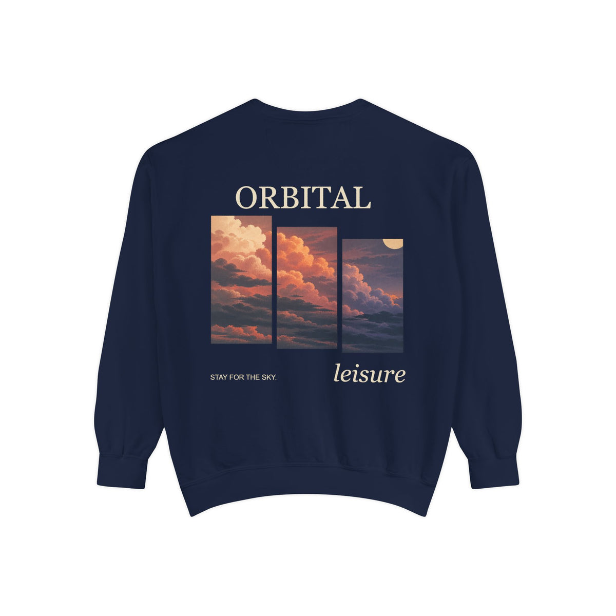Stay for the Sky Garment-Dyed Crewneck in True Navy, back view with the large illustrated print. Digital product mockup.