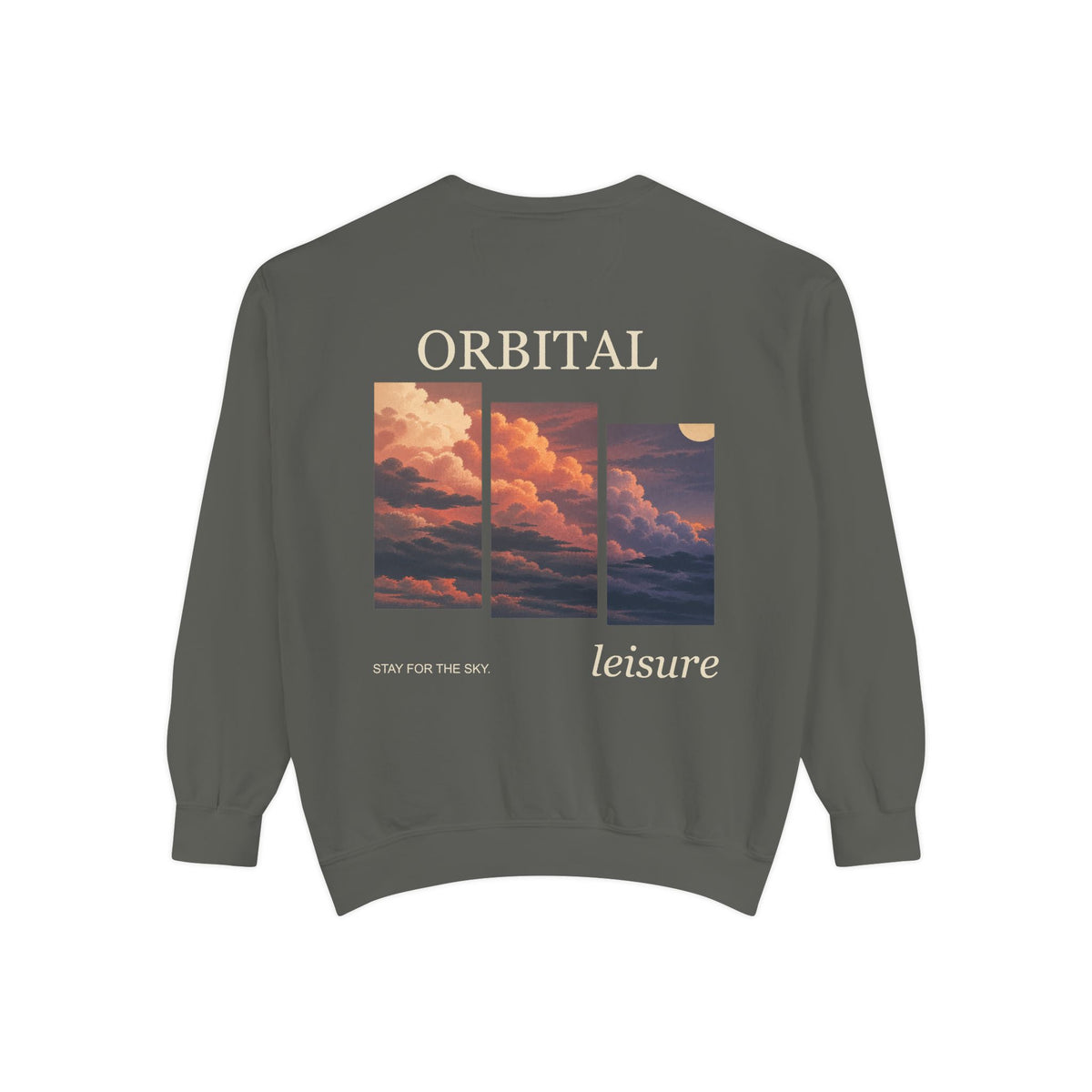 Stay for the Sky Garment-Dyed Crewneck in Pepper, back view with the large illustrated print. Digital product mockup.