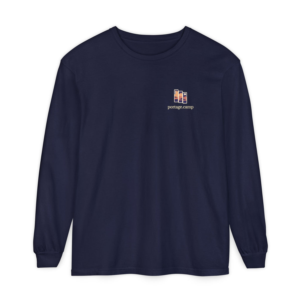 Stay for the Sky Garment-Dyed Long-Sleeve Tee in True Navy, front view with the Stay for the Sky logo and portage.camp on the chest. Digital product mockup.