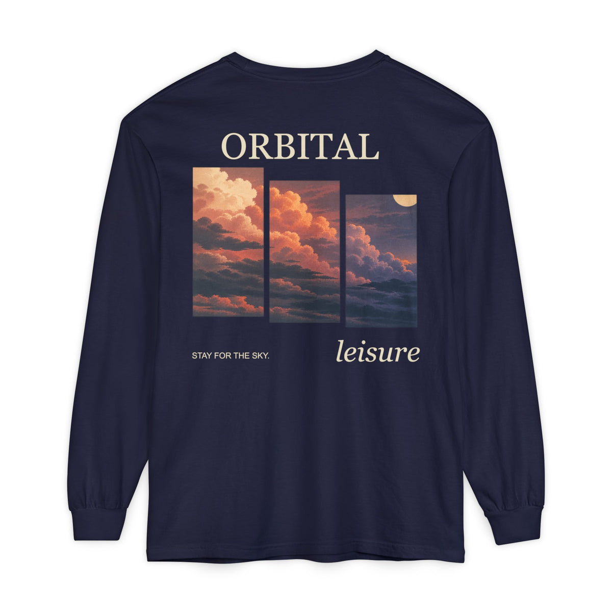 Stay for the Sky Garment-Dyed Long-Sleeve Tee in True Navy, back view with the large illustrated print. Digital product mockup.