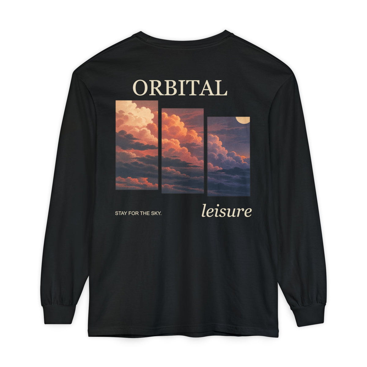 Stay for the Sky Garment-Dyed Long-Sleeve Tee in Black, back view with the large illustrated print. Digital product mockup.