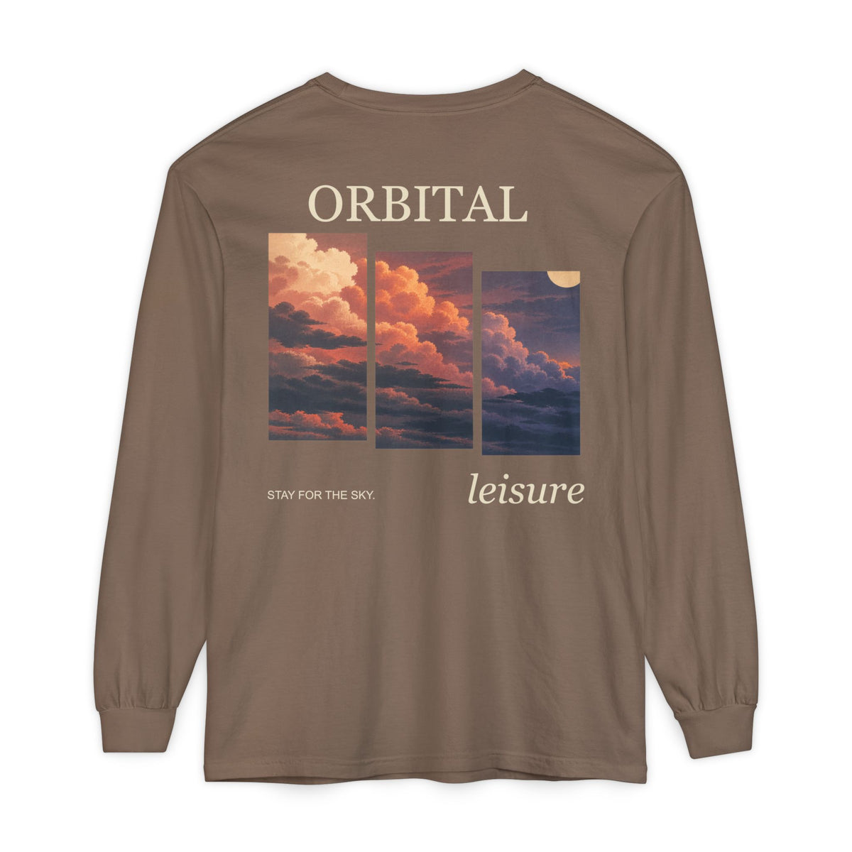 Stay for the Sky Garment-Dyed Long-Sleeve Tee in Espresso, back view with the large illustrated print. Digital product mockup.