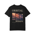 Stay for the Sky Garment-Dyed Tee in Black, back view with the large illustrated print. Digital product mockup.