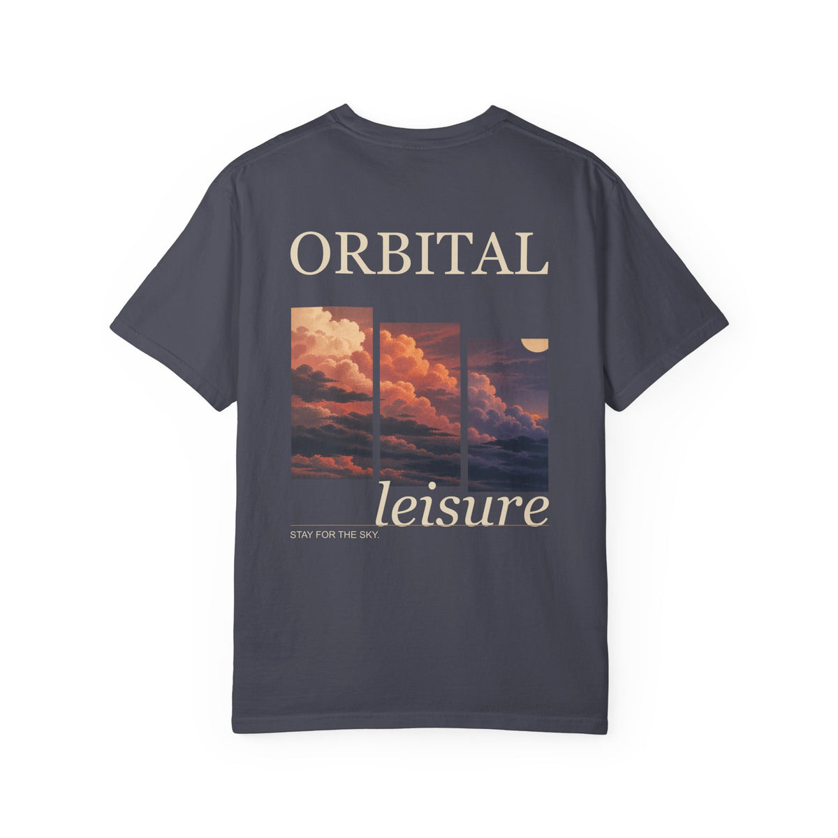 Stay for the Sky Garment-Dyed Tee in Navy, back view with the large illustrated print. Digital product mockup.