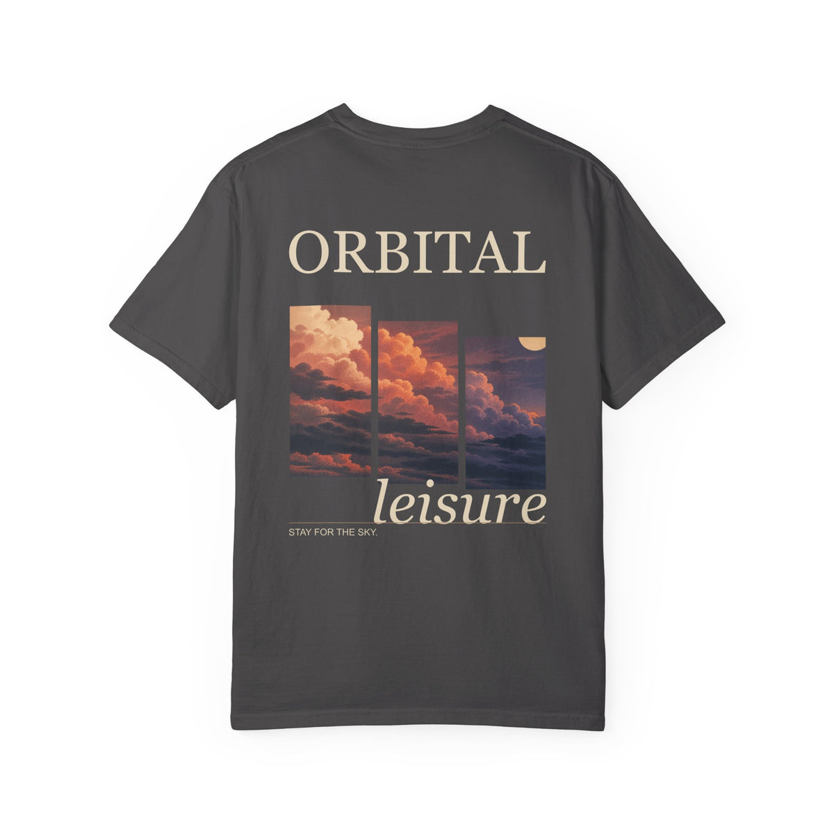 Stay for the Sky Garment-Dyed Tee in Graphite, back view with the large illustrated print. Digital product mockup.