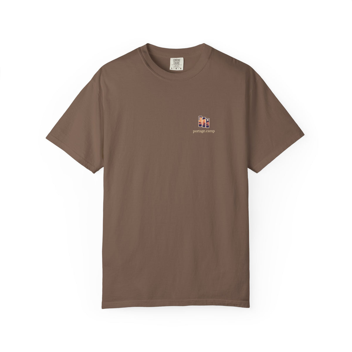 Stay for the Sky Garment-Dyed Tee in Espresso, front view with the Stay for the Sky logo and portage.camp on the chest. Digital product mockup.
