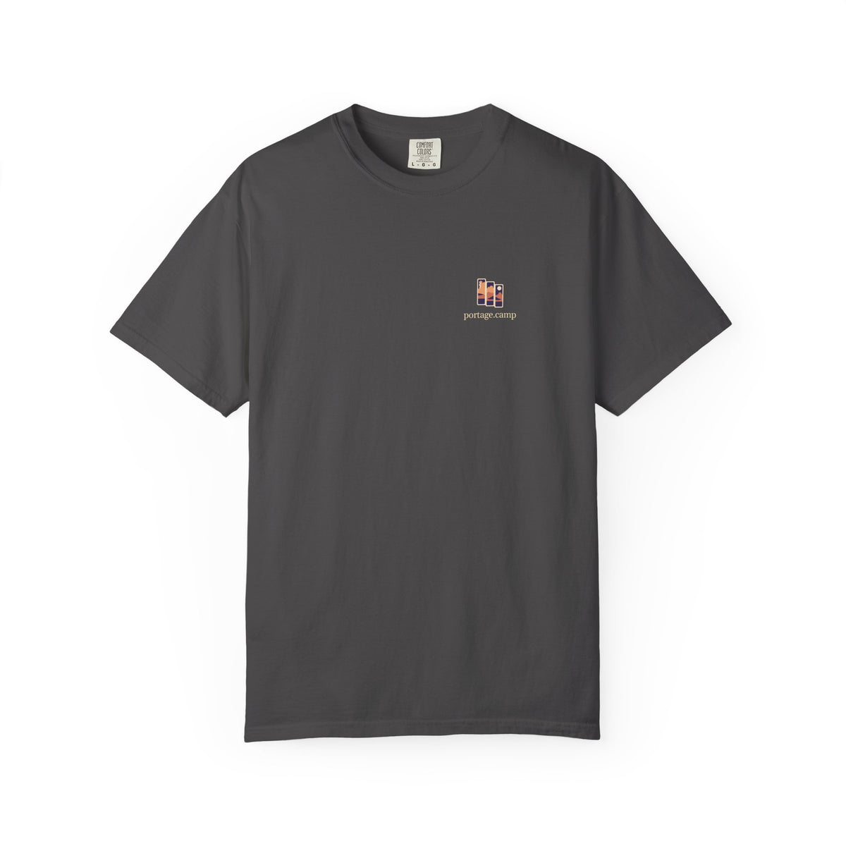 Stay for the Sky Garment-Dyed Tee in Graphite, front view with the Stay for the Sky logo and portage.camp on the chest. Digital product mockup.