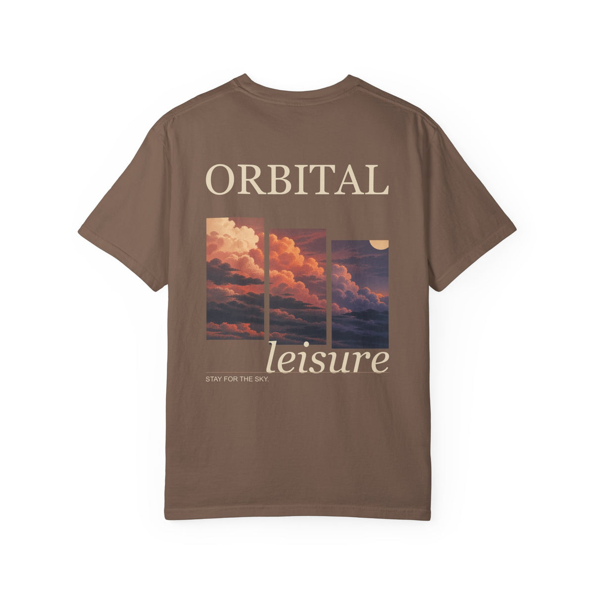 Stay for the Sky Garment-Dyed Tee in Espresso, back view with the large illustrated print. Digital product mockup.