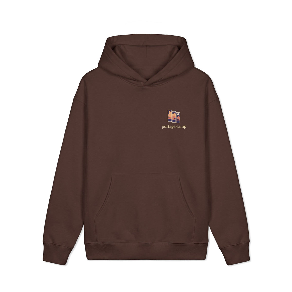 Stay for the Sky Heavyweight Hoodie in Brown, front view with the Stay for the Sky logo and portage.camp on the left chest. Digital product mockup.