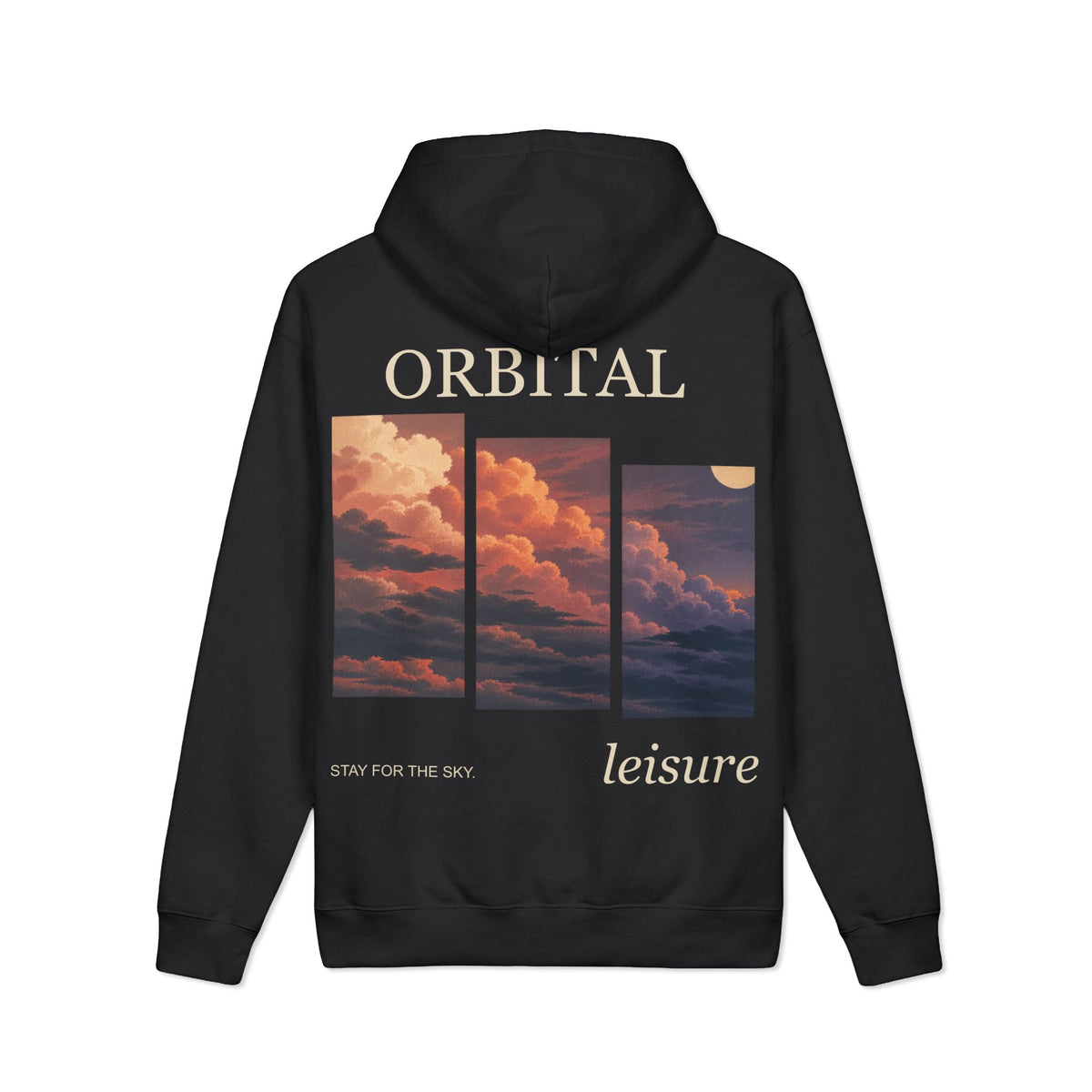 Stay for the Sky Heavyweight Hoodie in Black, back view with the large illustrated print. Digital product mockup.