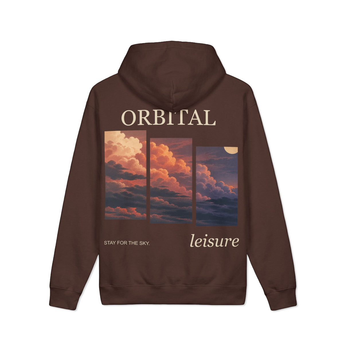 Stay for the Sky Heavyweight Hoodie in Brown, back view with the large illustrated print. Digital product mockup.