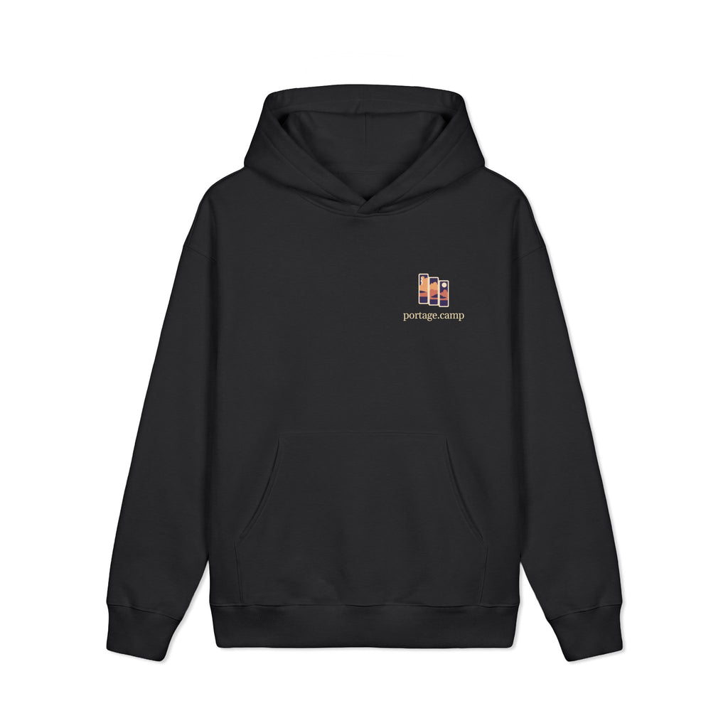 Stay for the Sky Heavyweight Hoodie in Black, front view with the Stay for the Sky logo and portage.camp on the left chest. Digital product mockup.