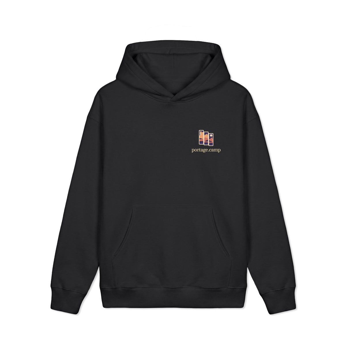 Stay for the Sky Heavyweight Hoodie in Black, front view with the Stay for the Sky logo and portage.camp on the left chest. Digital product mockup.