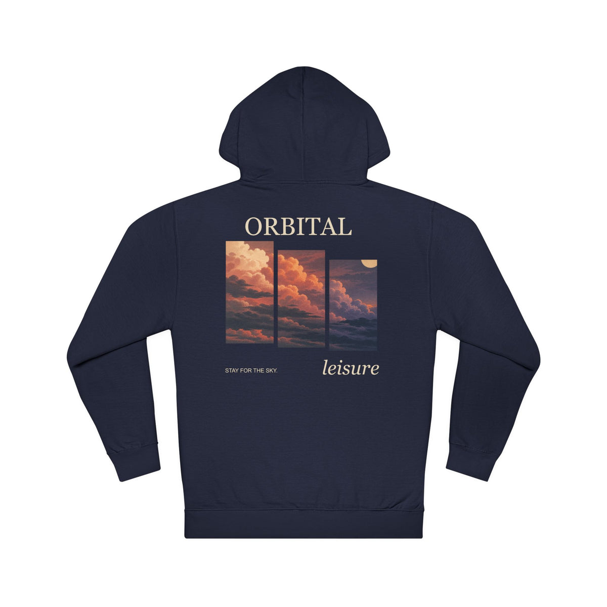 Stay for the Sky Midweight Hoodie in Classic Navy, back view with the large illustrated print. Digital product mockup.