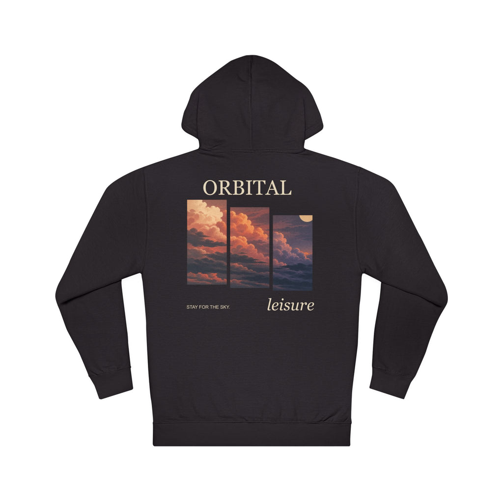 Stay for the Sky Midweight Hoodie in Black, back view with the large illustrated print. Digital product mockup.