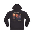 Stay for the Sky Midweight Hoodie in Black, back view with the large illustrated print. Digital product mockup.