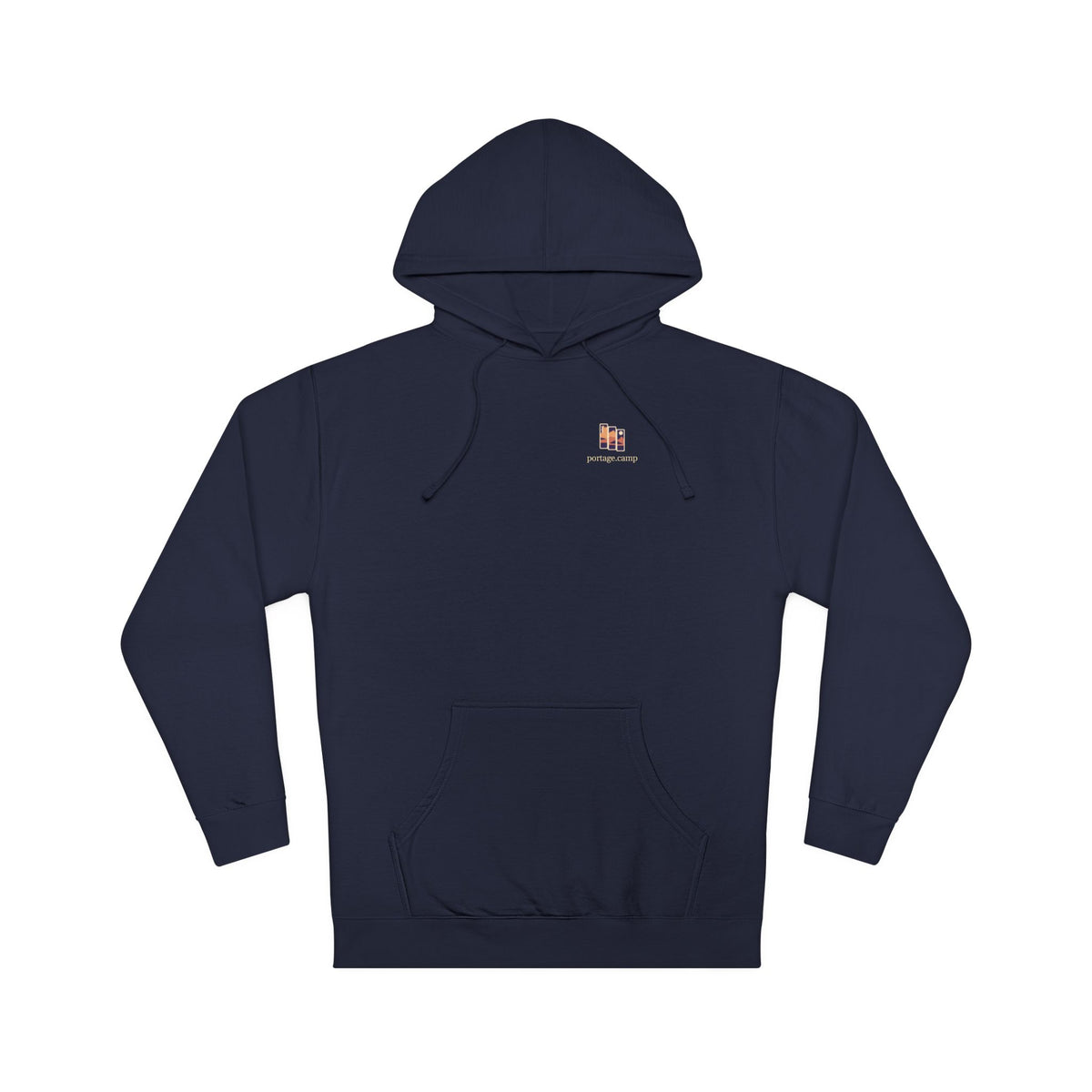 Stay for the Sky Midweight Hoodie in Classic Navy, front view with the Stay for the Sky logo and portage.camp on the chest. Digital product mockup.