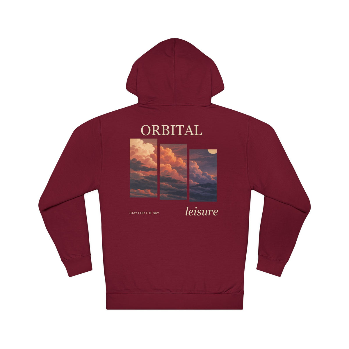 Stay for the Sky Midweight Hoodie in Maroon, back view with the large illustrated print. Digital product mockup.
